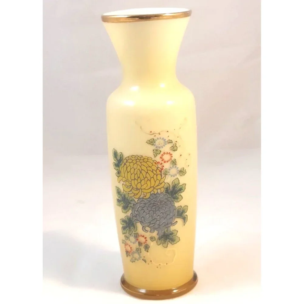 Vtg Hand Blown Golden Amber White Encased Glass Vase Hand Painted Flowers 8